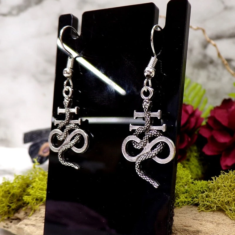 Dainty Leviathan Cross With Snake Earrings - Satanic Earrings - Gothic Earrings - Sulfur Symbol - Alchemy - Satanic Cross