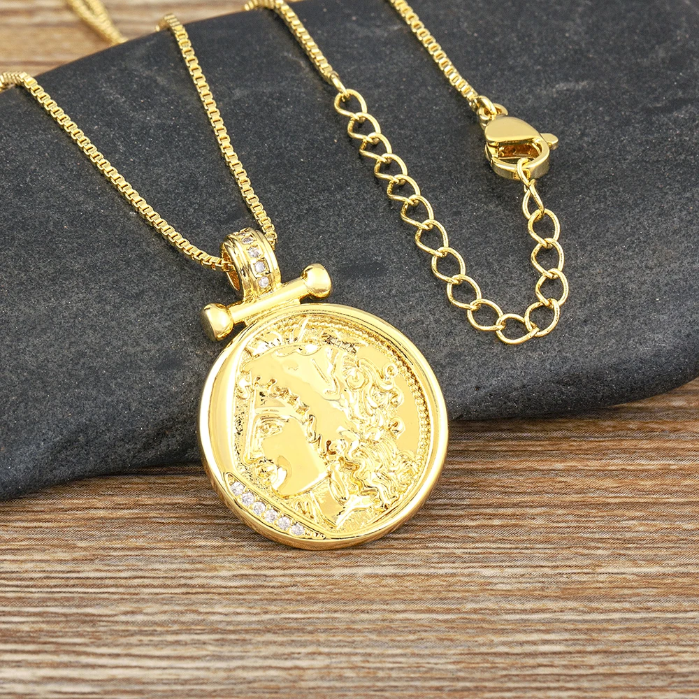 AIBEF Roman Figure Relief Coin Pendant Women Copper Gold Color Necklace Jewelry Accessories Vintage Exquisite Gift Sweater Chain image 4