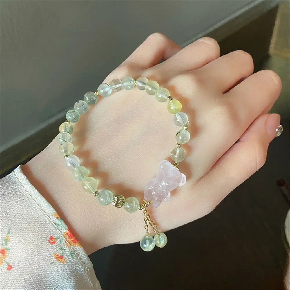 Natural Stone Prehnite Beads Women Charm Bracelet Cute Pink Quartz Bear Fairy Style Elastic Adjustable Romantic Party Jewelry