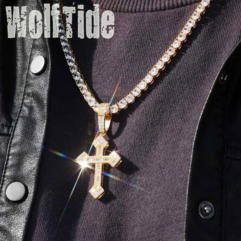 Hip Hop Jesus Cross Pendant Necklace Bling Square Baguette Cubic Zirconia 18K Gold Plated Iced Out Rapper Jewelry for Men Women