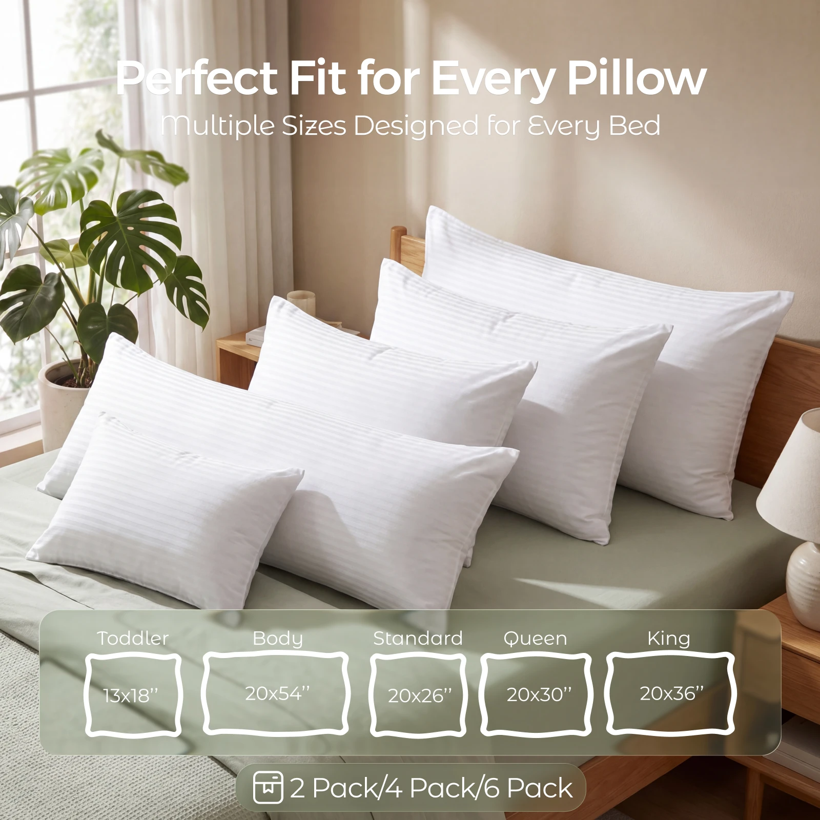 FAUNNA 100% Cotton Pillowcases, White Pillow Covers, Toddler Standard Queen King Body, 2/4/6 Pack