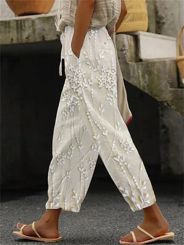 

2025 Summer Elastic Waist Pocket Woman Trouser 3D Embroidery Casual Pants