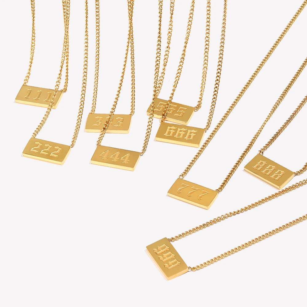 E.B.belle Square Plate 111 222 333 Lucky Angel Number Necklace Girl\'s Birthday Gift 18K Gold Plated Stainless Steel Jewelry