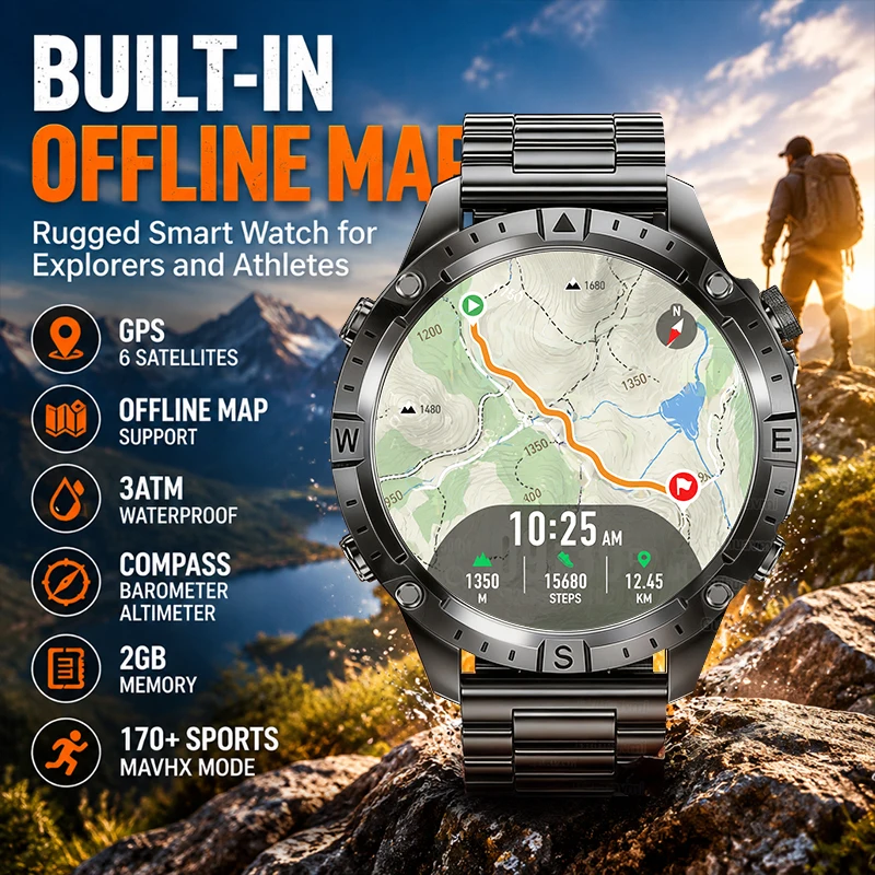 Reloj Inteligente GPS 2026 con Mapas Offline Integrados de 2GB, Resistente al Agua 3ATM, Brújula, Altímetro, Linterna LED, Más de 170