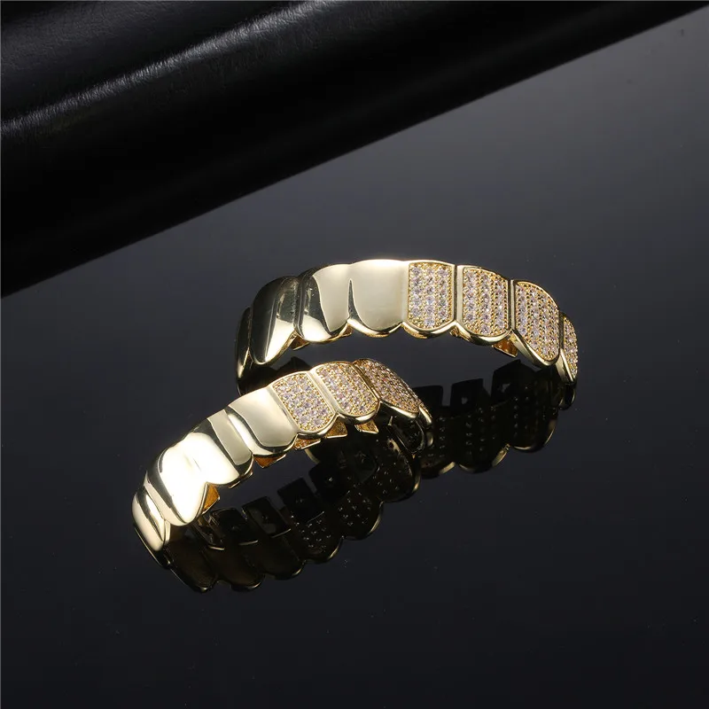 Hip Hop Half CZ Teeth Grillz Caps Bling Iced Out Cubic Zircon Micro Pave Top & Bottom Charm Grills Set For Men Women Jewelry Gif