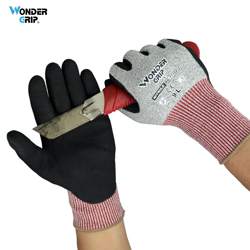 wonder grip cut luvas de seguranca resistentes trabalho hppe anti cut liner duplo sandy nitrilo palm revestimento 13 gauge nivel 5 01