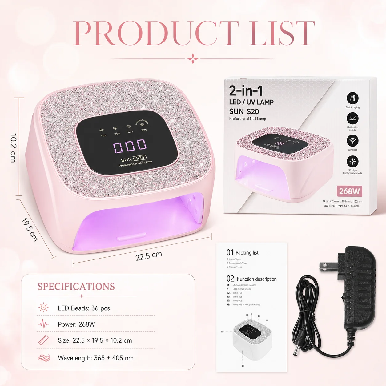 Rechargeable UV/LED Nail Lamp with Auto Sensor, Portable Cordless Gel Nail Dryer Light 4 Timings & Diamond LCD Screen, UV Light for Gel Nails at Home Salon PINK