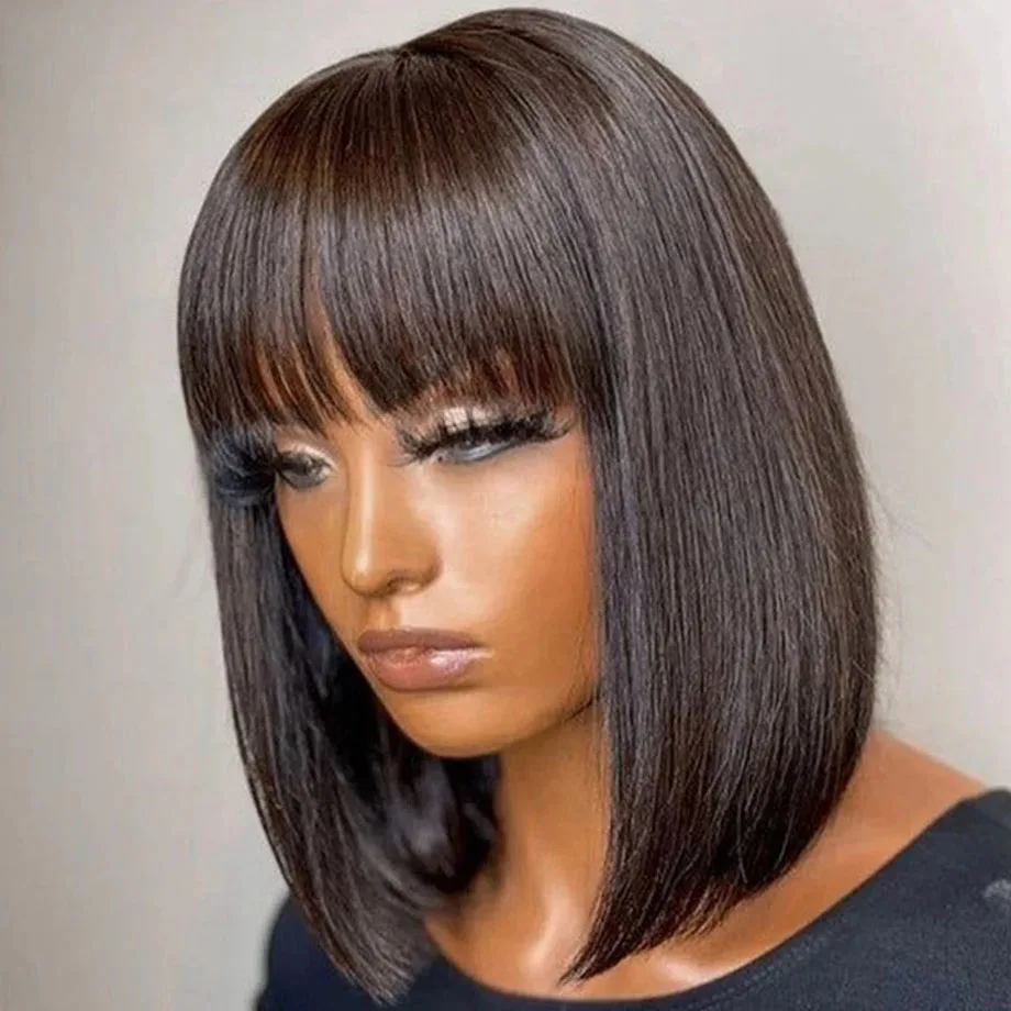 Short Bob Wigs For Women Brazilian Straight Human Hair Wig With Bangs 3x1 HD Lace Fake Scalp Cheap Wig Glueless Wear Go Wigs