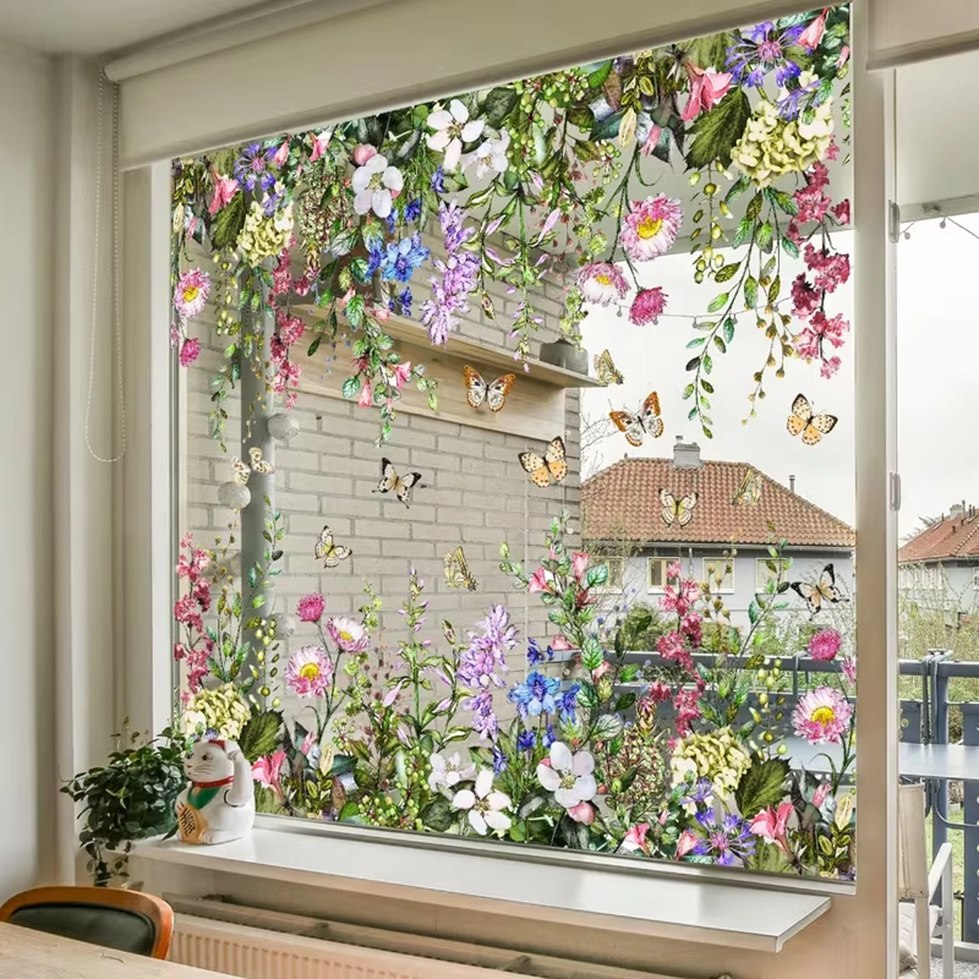 1 Stück 30x60cm Blumen-Fenster-Sichtschutzfolie Glastür Schlafzimmer Badezimmer Abnehmbare Statische Haftfolie Wildblumen Schmetterling Fensterdekoration
