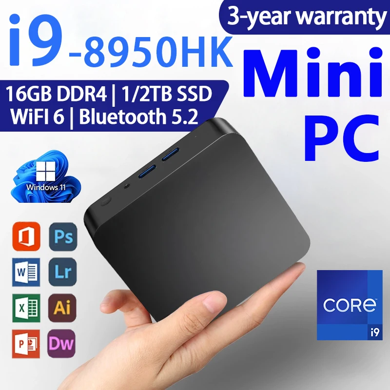Mini PC Intel Core i9 8950HK i3 6100U Windows 11 Pro, Computadora Portátil con 16GB de RAM, 1TB SSD, 4K HD, Mini PC para Juegos, Oficina y Estudio