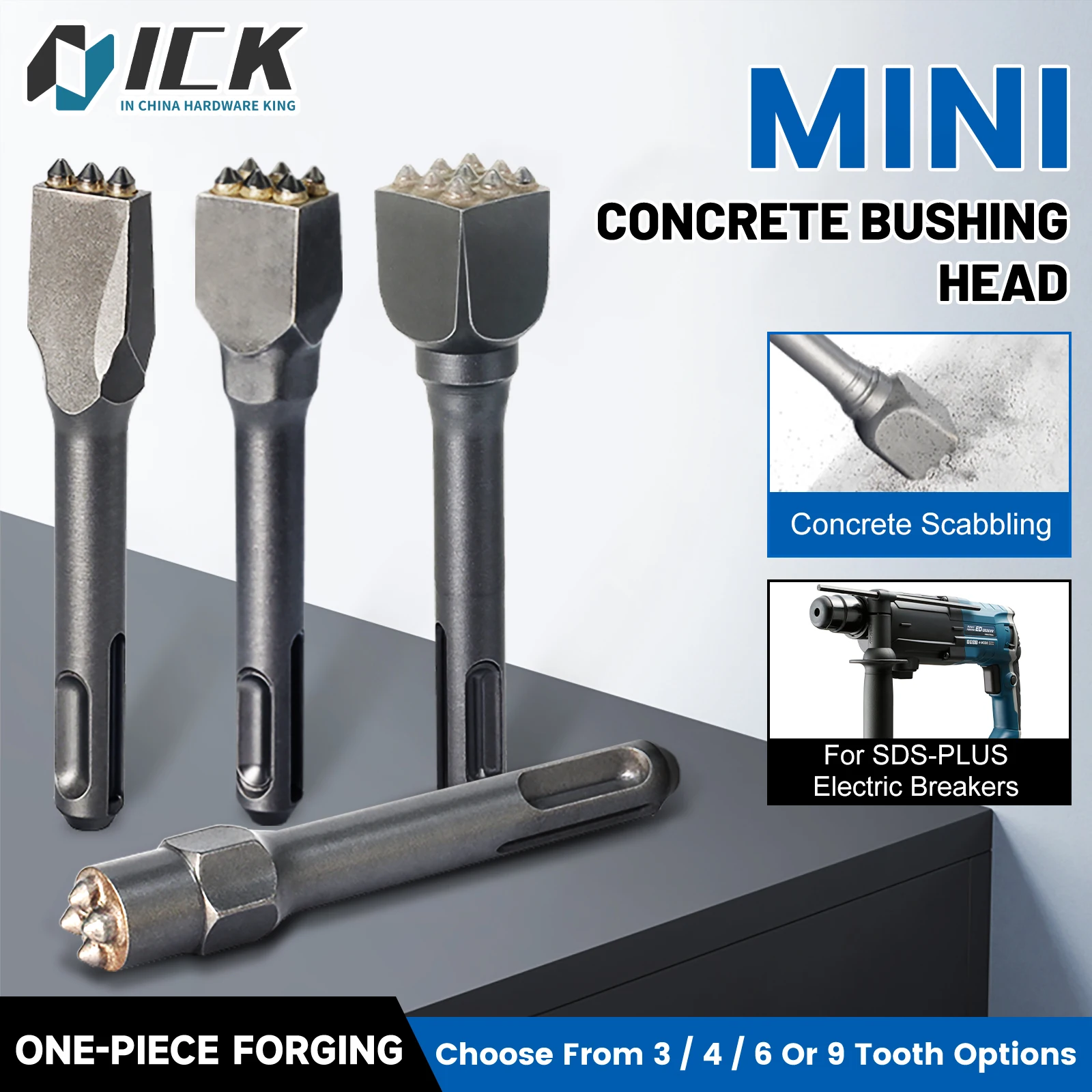 Mini SDS-PLUS Concrete Bushing Head for Scabbling & Surface Prep – Compact 3/4/6/9 Tooth One-Piece Forging