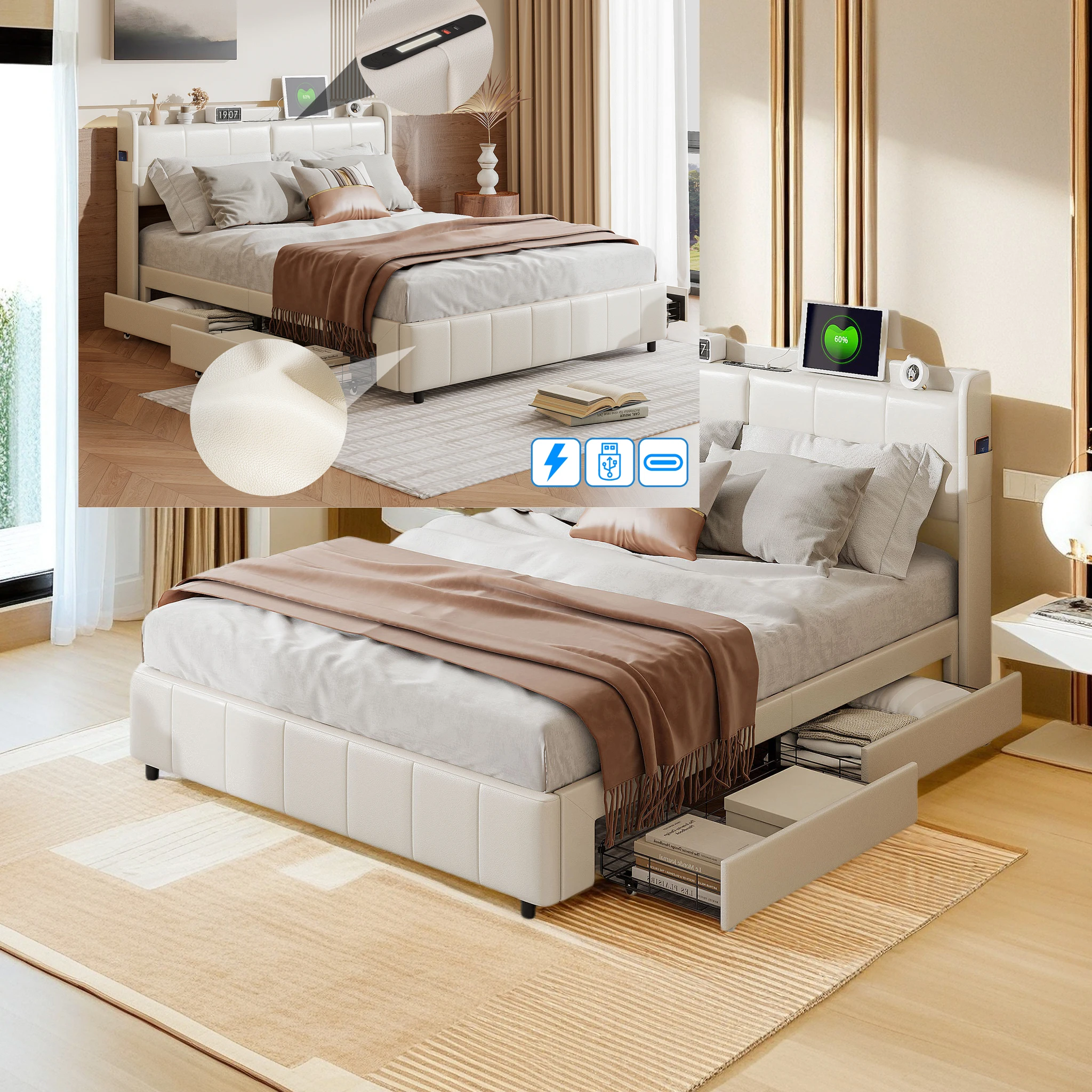 سرير تنجيد مزدوج من Aura خشبي مقاس 140 × 200 سم مع 4 أدراج لمسند ظهر للتخزين مع إطار شرائحي من جلد البولي يوريثان