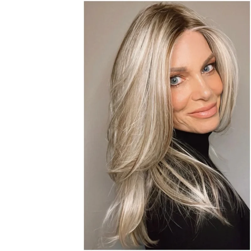 

long straight layered synthetic wig blonde rooted lace wig center part lace front wig most natural hairline