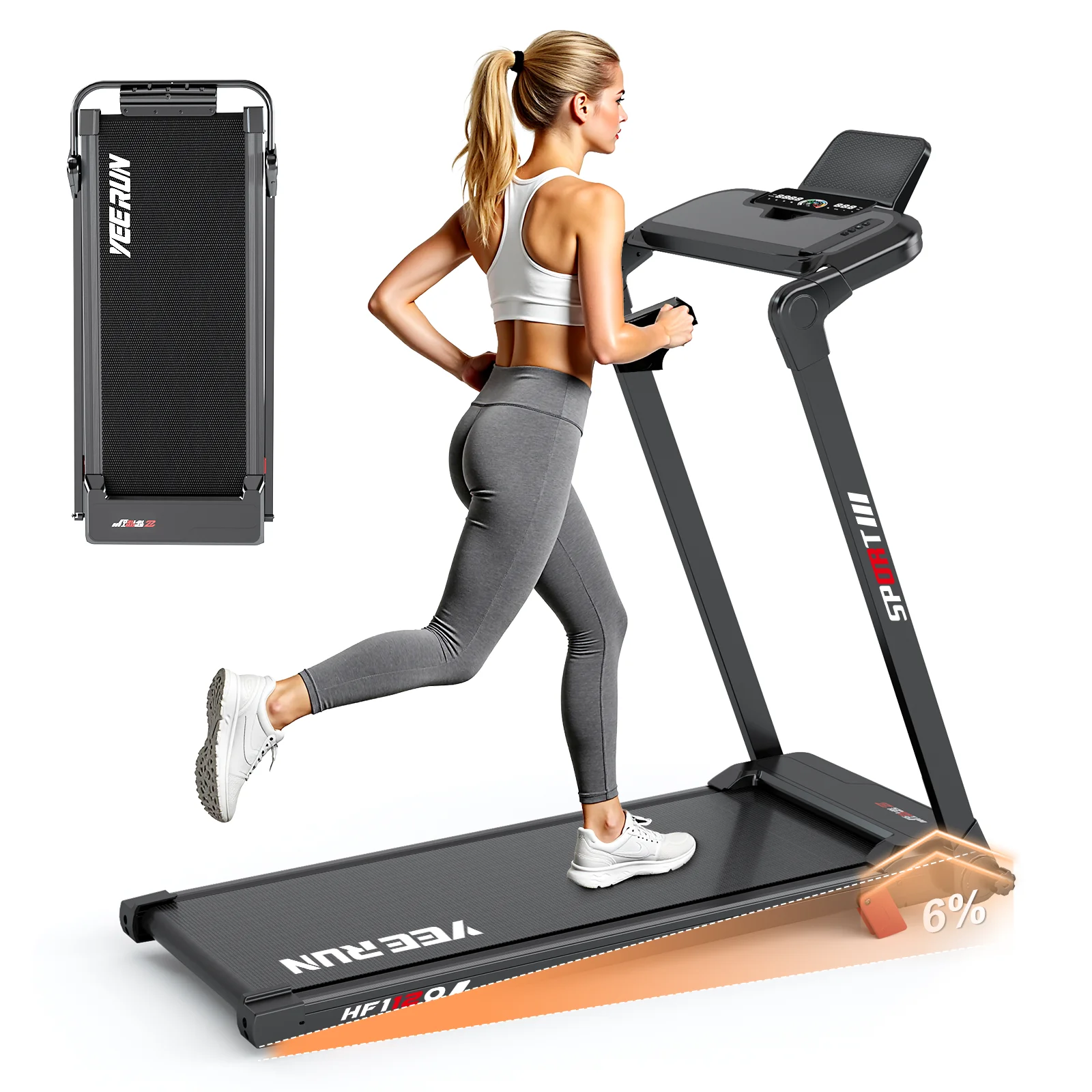 Faltbarer Rennsportteppich. Motorleistung 3,0 PS. 5 Modi. 12 Automatikprogramme. Einstellbare Steigung 6%. Tragfähigkeit 150 kg. LED-Bildschirm. Fernbedienung enthalten. Gepolstert, 5 Schichten.