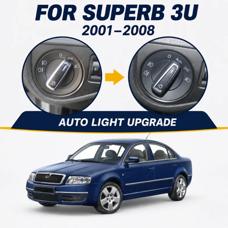 Automatic Headlight Switch Built-in Auto Light Sensor Plug and Play For Skoda Superb 1 3U 2002-2007 Chrome Knob No Coding