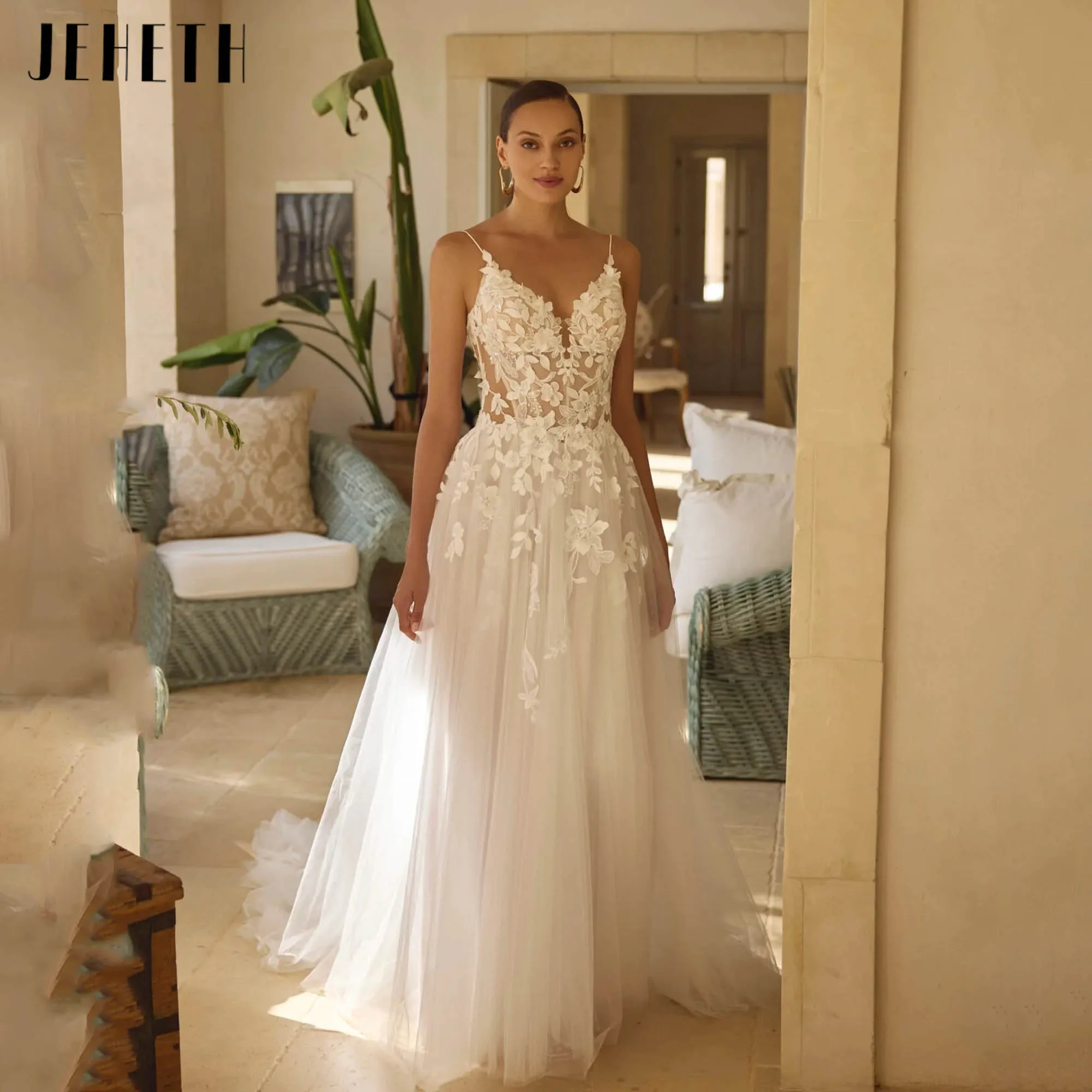 JEHETH Classic A-line Dress For Bride V-neck Spaghetti Strapse Illusion Weddding Gown Backless Elegant robe de mariée Customized