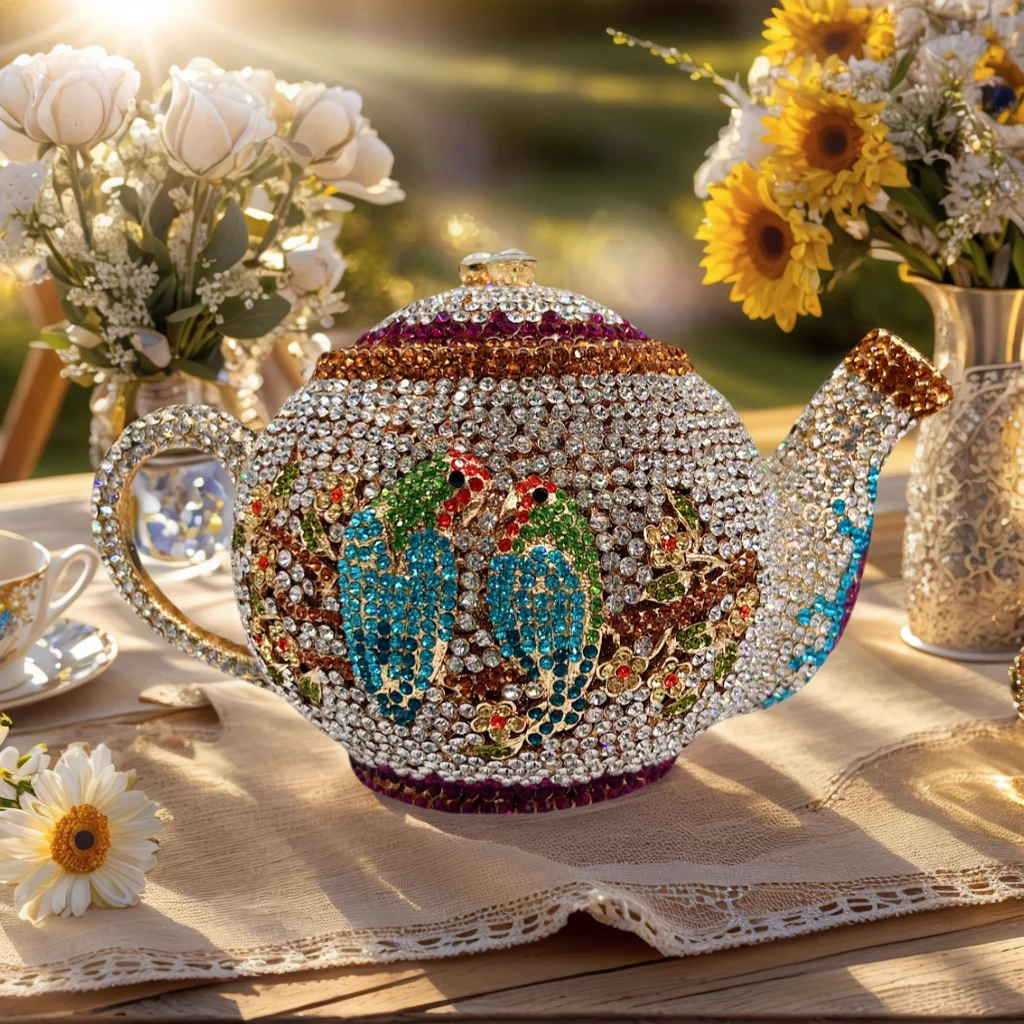 

Teapot Women Rhinestone Clutch Bag Cute Birds Crystal Evening Bag Vintage Handbag for Cocktail Party