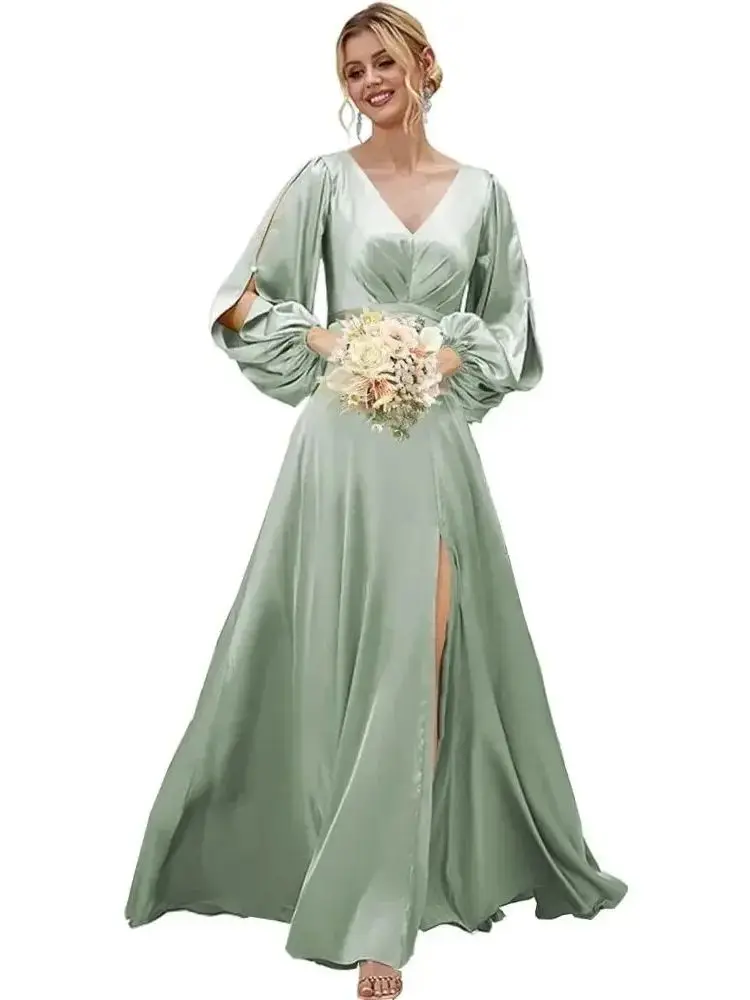 

Silk like Satin Long Sleeves Bridesmaid Dress with Pockets Elegant V Neck Evening Party Gowns Women‘s Wedding Guest Dress