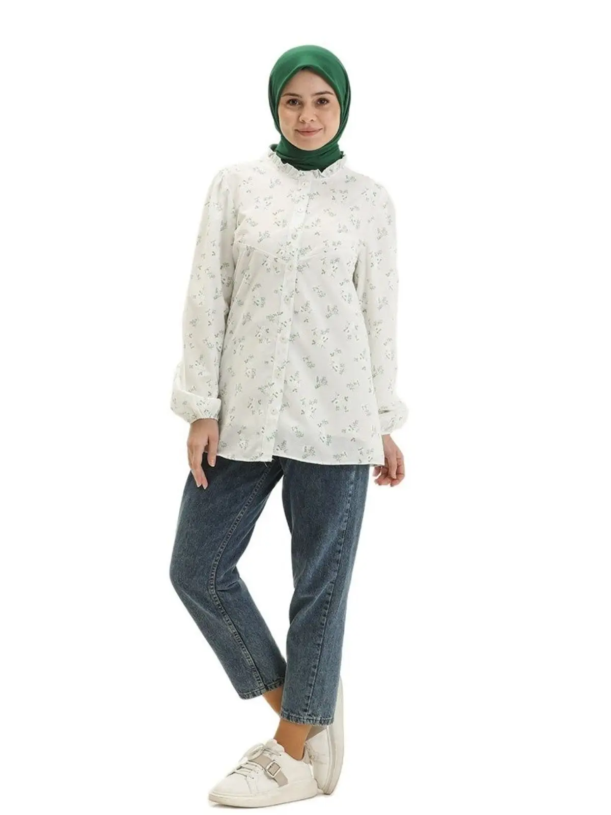 Chemise à motif floral avec col à volants pour femmes musulmanes, manches longues, boutons transportés, mode turque, arabe, islamique, 4 saisons