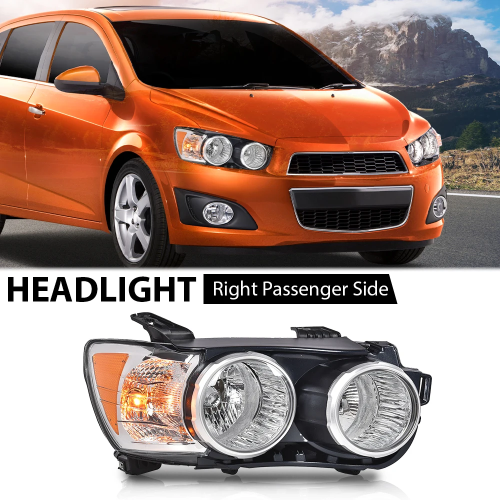 

Headlight Headlamp Chrome Rh Right Passenger Side Fit for 2012-2016 Chevy Sonic New Black Housing Clear Lens Waterproof Dustproof