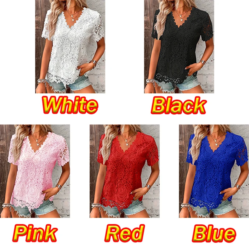 Retro Summer Lace Loose Women T Shirt Casual Solid White Elegant Patchwork Tee Pullover V-Neck Top Lady Fashion Streetwear