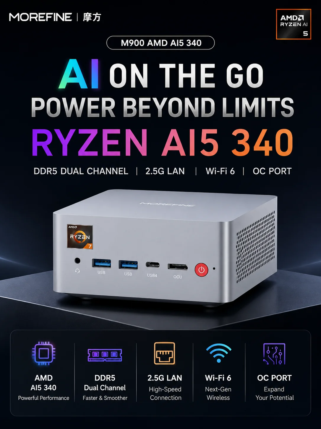 Mini PC de bureau, serveur IA haute performance AMD Ryzen AI 5 340, GPU externe OCuink, double Ethernet 2.5G, WiFi 6, ordinateur polyvalent pour le jeu, le bureau et la conception graphique (sans RAM, sans SSD, sans OS)
