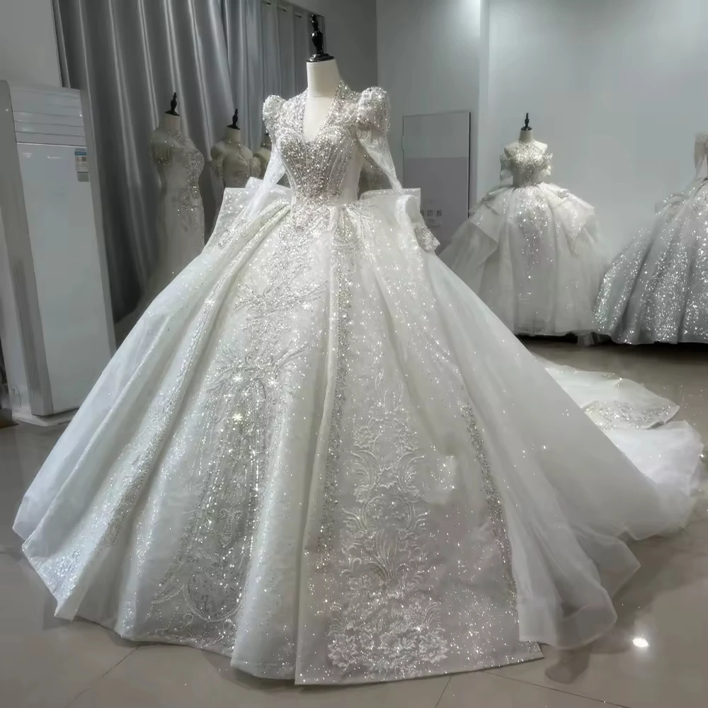 

Vestido De Noiva Casamento Princesa Long Sleeve V-Neck Wedding Dress Lace Up Back Ball Gown Beading Crystal Bridal Dress