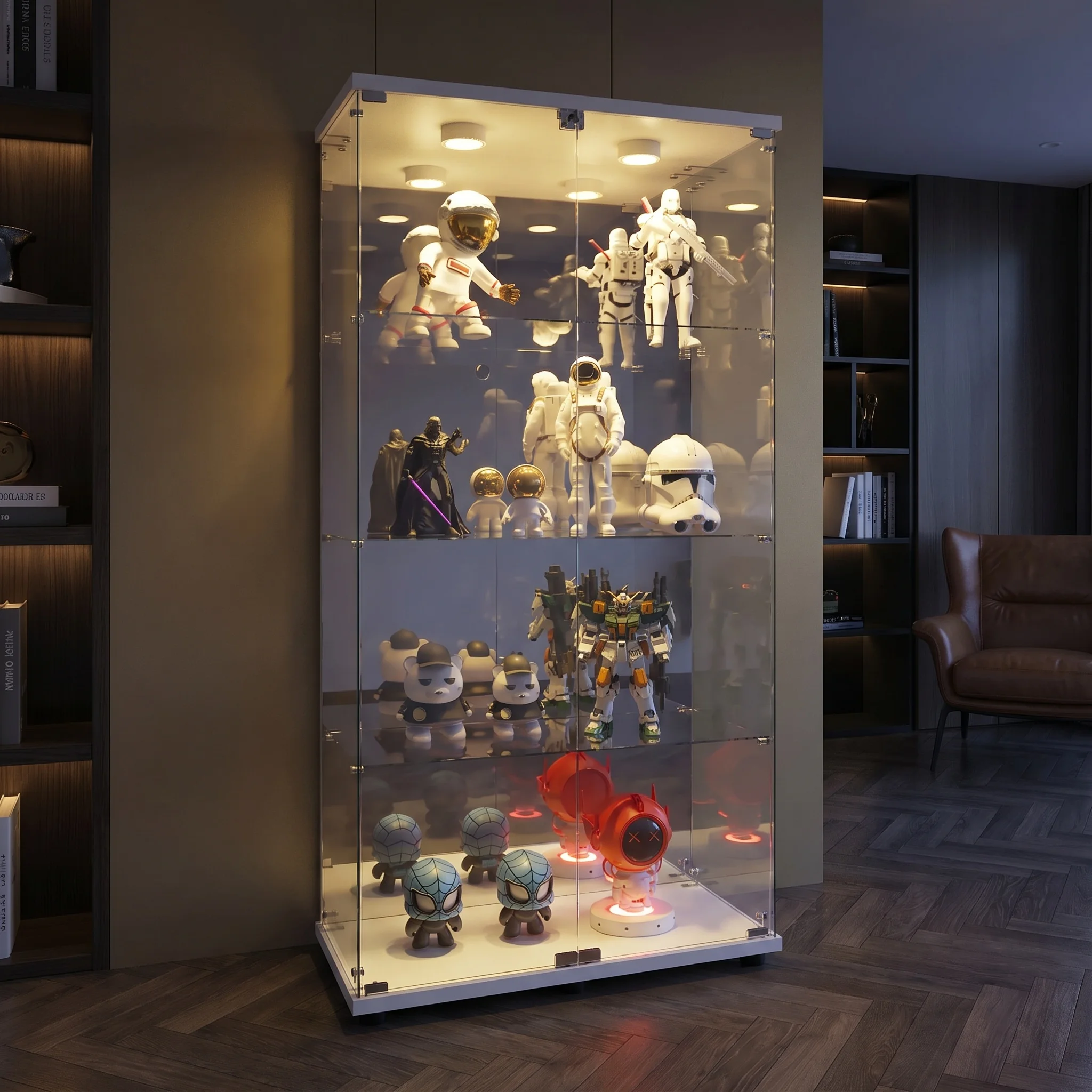 Vitrina de Vidrio LED Superaly con Puerta con Cerradura, Vitrina Alta de 4 Niveles con Base Blanca, Vitrina Iluminada para Coleccionables, Figuras de Acción y Recuerdos
