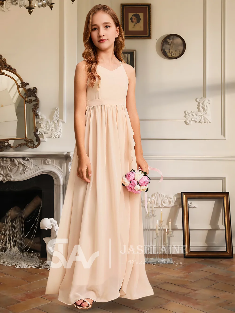 

A A-Line V-Neck Floor-Length Chiffon Junior Bridesmaid Dress Flower Girl Dress With Side Slit Crisscross Party Wedding Formal