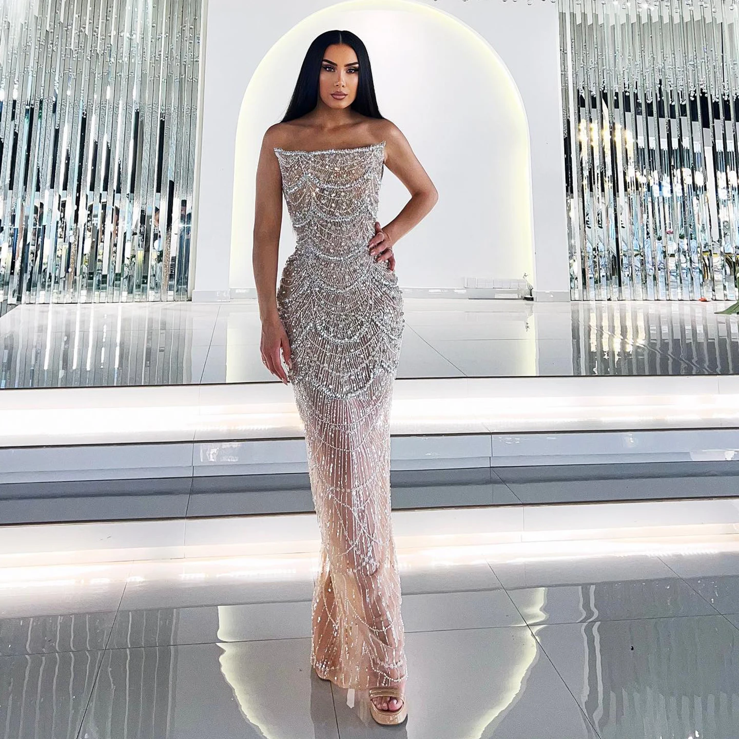 Sharon Said Luxury Pearls Silver Nude Strapless Evening Dress for Women Wedding Party Long Dubai Formal Gowns SS108 Customized