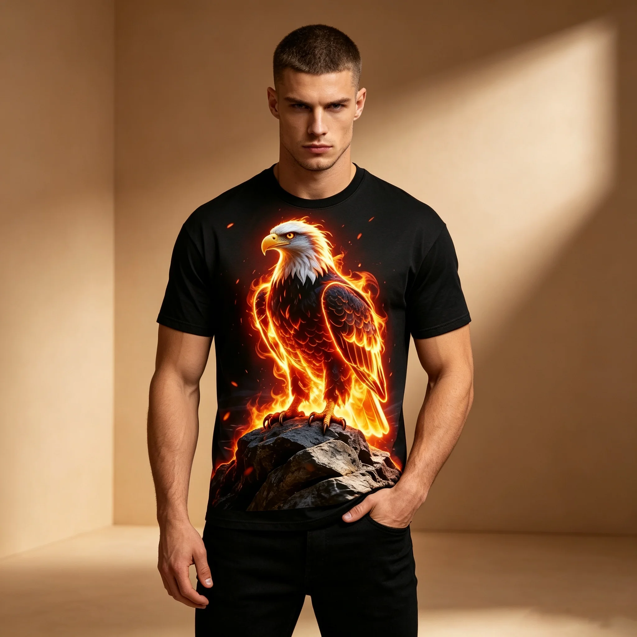 Men  Flame Bald Eagle Print T-shirt Black Short Sleeve Animal Graphic Streetwear Casual Tee