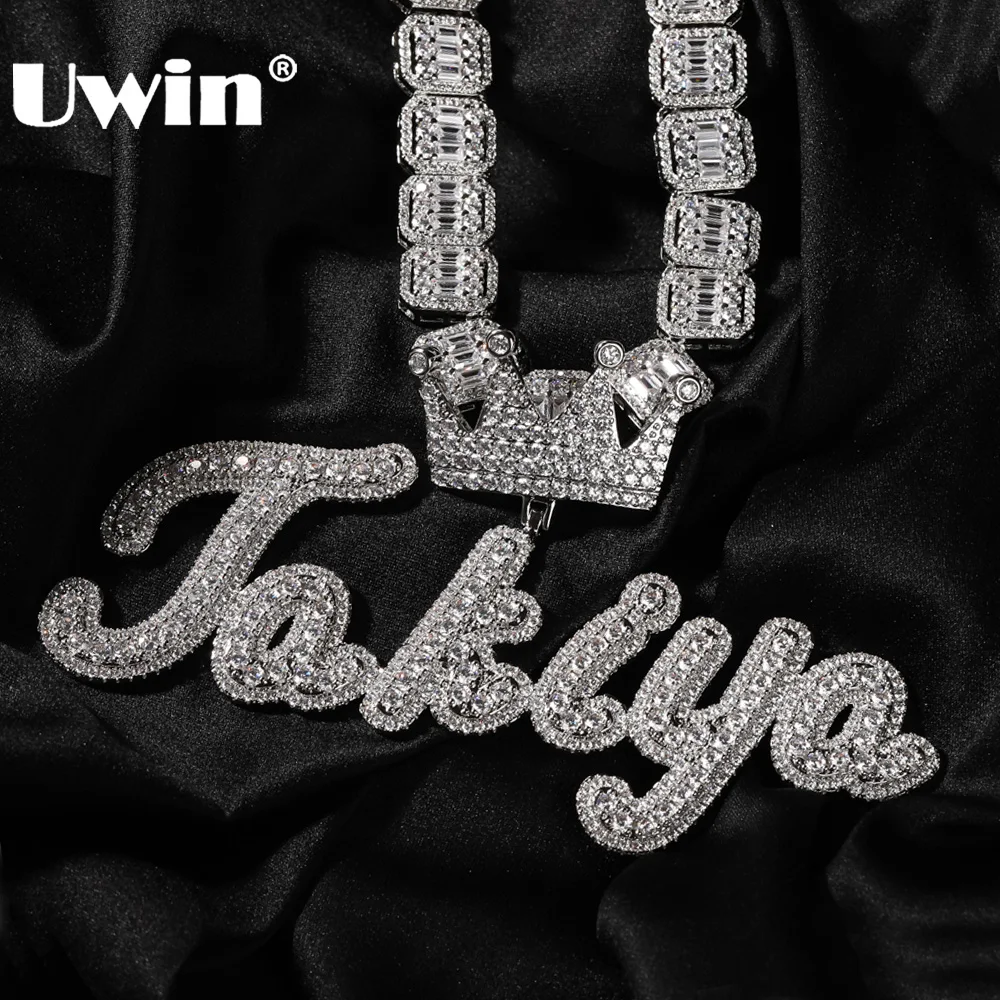 

UWIN Custom Brush Cursive Letters Pendant Crown Bezel Name Necklaces Paved Setting Iced Out Cubic Zirconia Hip Hop Jewelry