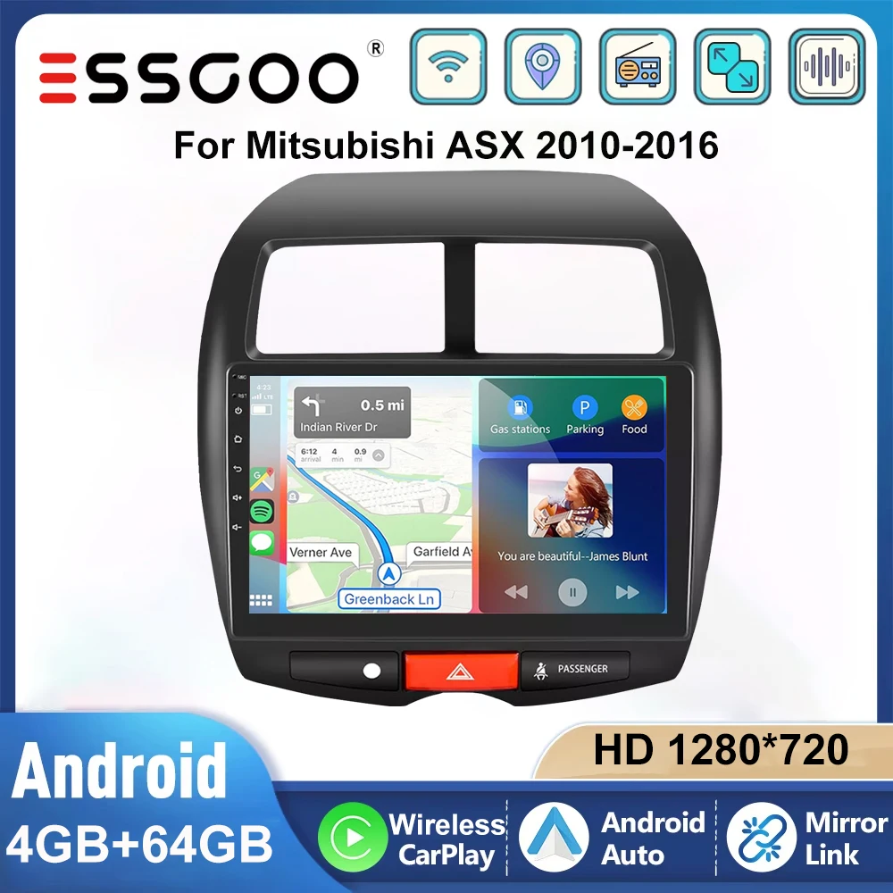 ESSGOO Autoradio Stéréo 10 Pouces Android 15 4+64GB Pour Mitsubishi ASX 2010‑2016 CarPlay Sans Fil Portable Android Auto Navigation GPS RDS FM WIFI Bluetooth Mirror Link Commande au Volant Écran Tactile Multimédia