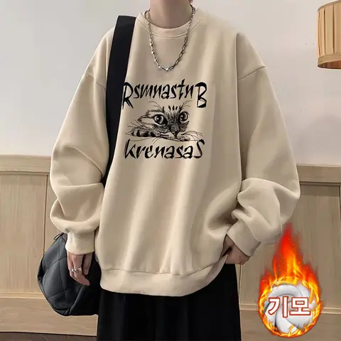 트랜드인 빈티지 고양이 프린트 기모 맨투맨 남녀공용 가을겨울룩 루즈핏 오버핏 남성 라운드 티셔츠 TS3173