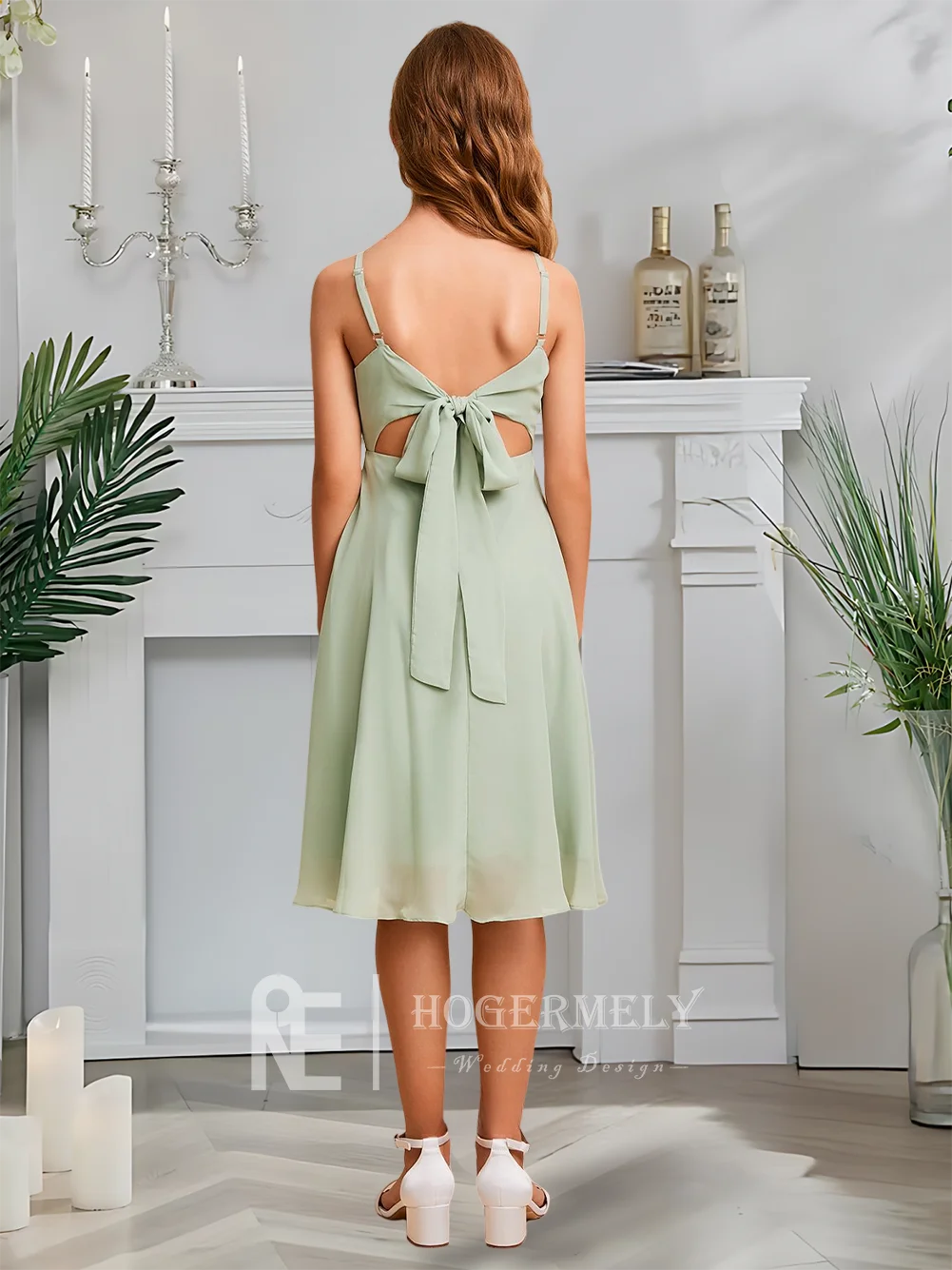 GDH A Line Junior Bridesmaid Dress Flower Girl Dress Chiffon Square Neck Knee Length For Girls Wedding Special Occasion Event