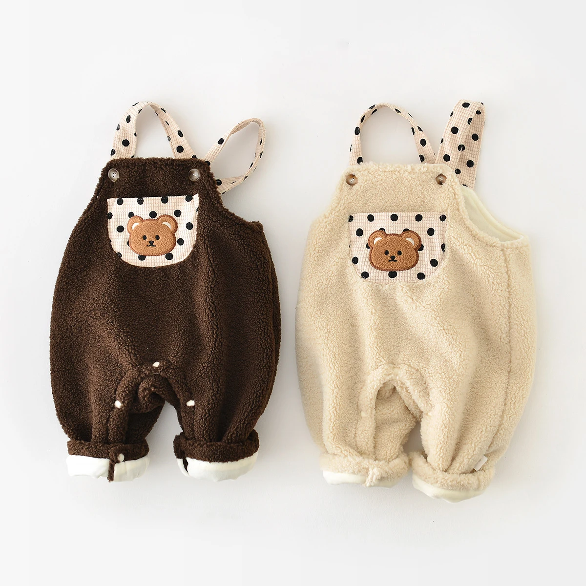 

Infant Autumn Winter Fleece Rompers Cute Polka Dot Bear Thicken Warm Baby Jumpsuits Boys Girls Casual One-piece Outfit