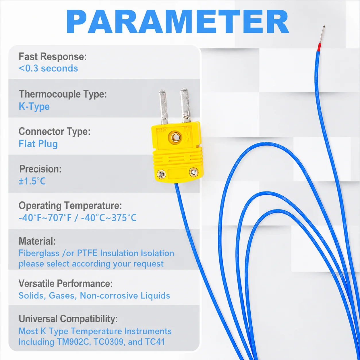 K Type Thermocouple Probe PTFE/ Glass Braid  Wire 1M Exposed Welded Junction Fast Response Thermocouple Wire Temperature Sensor