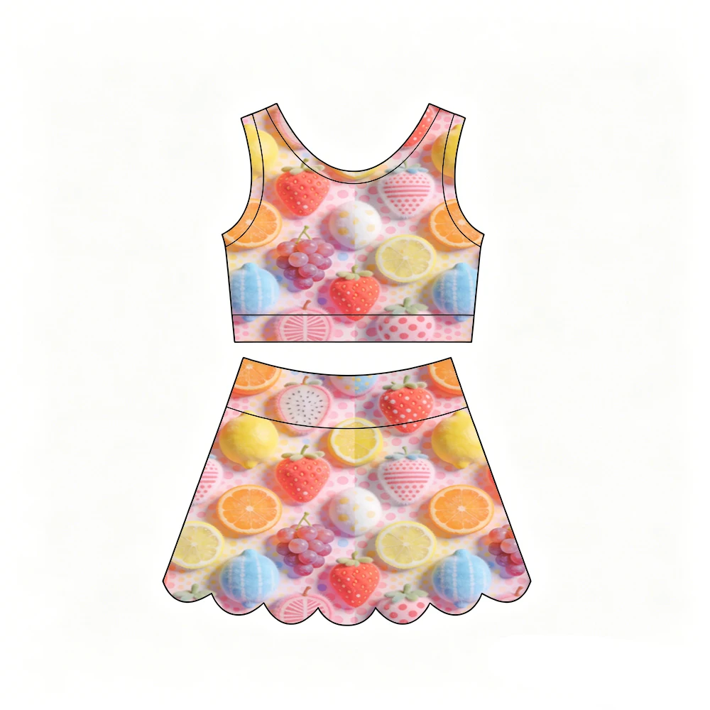 Boutique Girls Set camisole top with scalloped edge short skirt popsicle fruit prints girls set custom wholesale