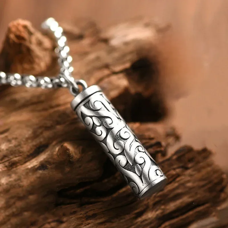 Pendentif évidé en argent 925, peut être ouvert, collier cylindrique à motifs pour hommes et femmes, bijoux de Style ethnique Vintage