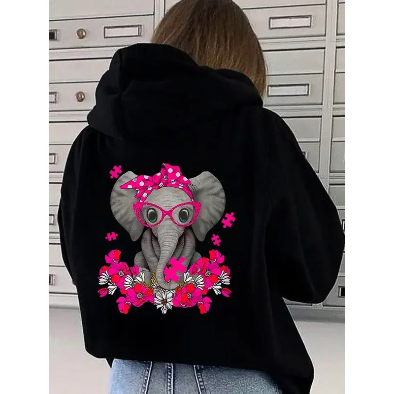 Elephant And Floral Print Drop Shoulder Hoodie Women Clothing for Fall & Winter Fashion Casual Drawstring Pocket Hooded