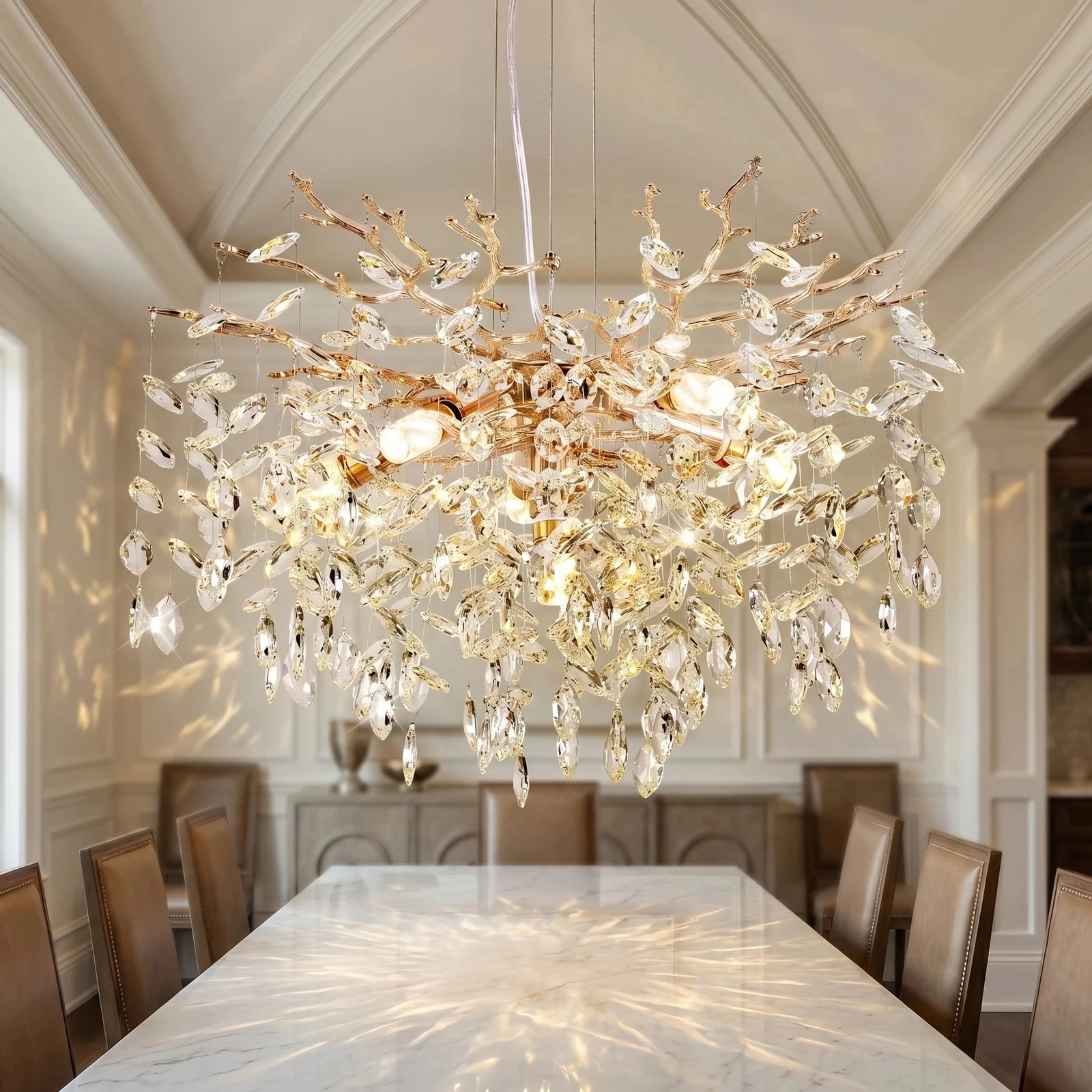 23.6-Inch Modern Branch Crystal Chandelier, 6-Bulb Luxury Gold Crystal Chandelier, E12 Bulb Base (Bulbs Not Included)