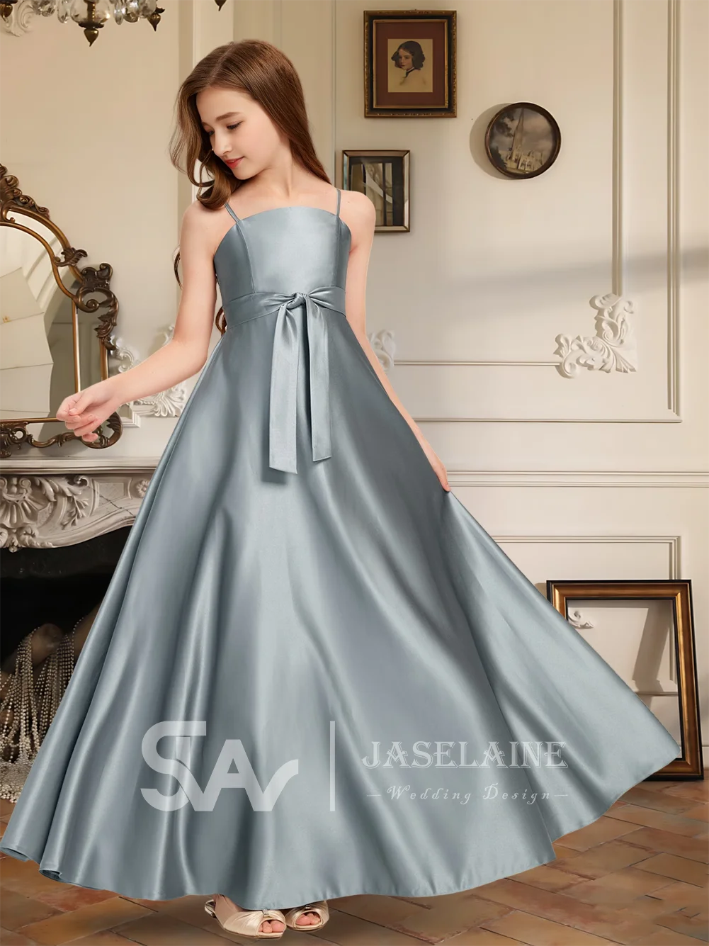 

A A Line Square Floor Length Satin Junior Bridesmaid Dress With Bow Spaghetti Straps Pockets Flower Girl Dress Wedding Formal