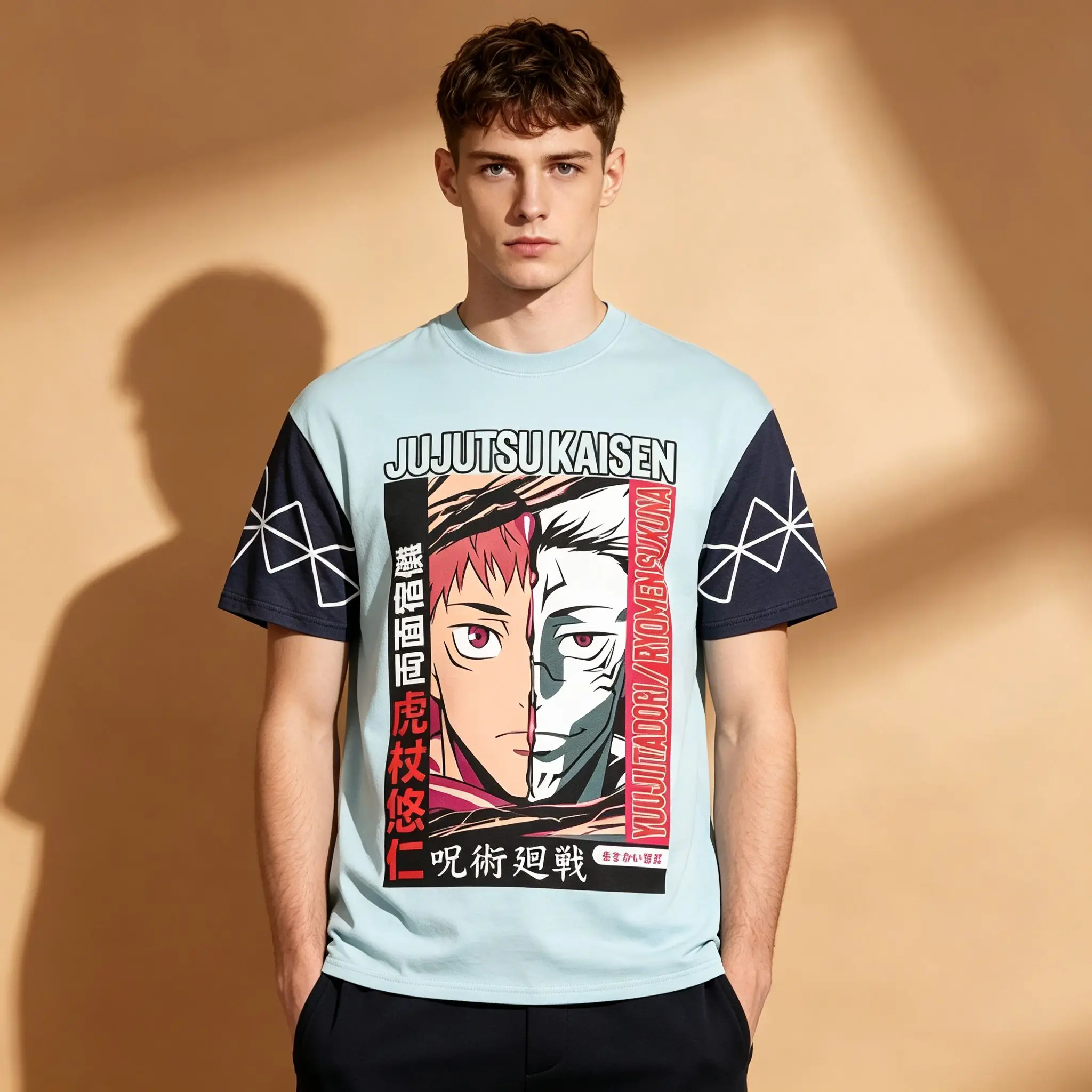 Herren Jujutsu Kaisen Yuji Itadori Ryomen Sukuna Split Face Vorder- und Rückseite passendes T-Shirt, Raglanärmel Anime Otaku Streetwear Sho