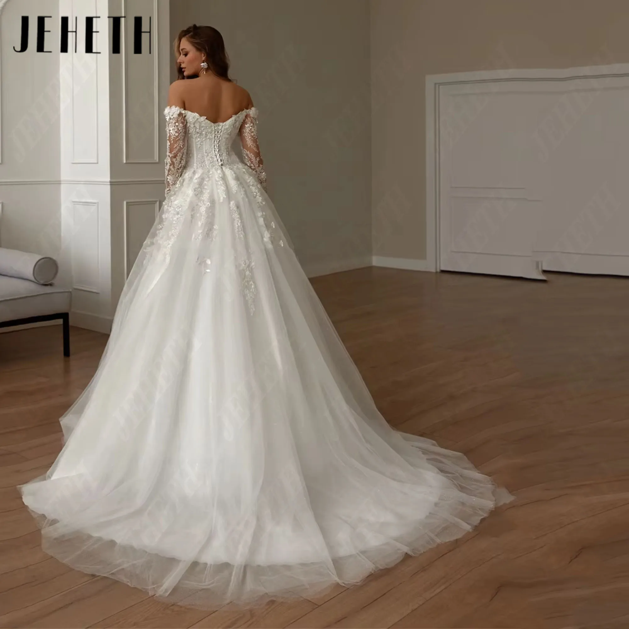 فستان زفاف JEHETH Chic بدون أكتاف وأكمام طويلة على شكل قلب كلاسيكي مزين بالدانتيل على شكل حرف a فستان زفاف سويب تراين ﻿   تخصيص