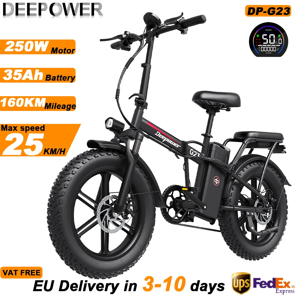 DEEPOWER G23 – elektryczny rower o mocy 250 W, wyposażony w wyjmowaną baterię 48 V o pojemności 17,5/25/35 Ah, zasięg dojazdu 140 km, szerokie opony 20*4.0, hamulce mechaniczne, hydrauliczne
