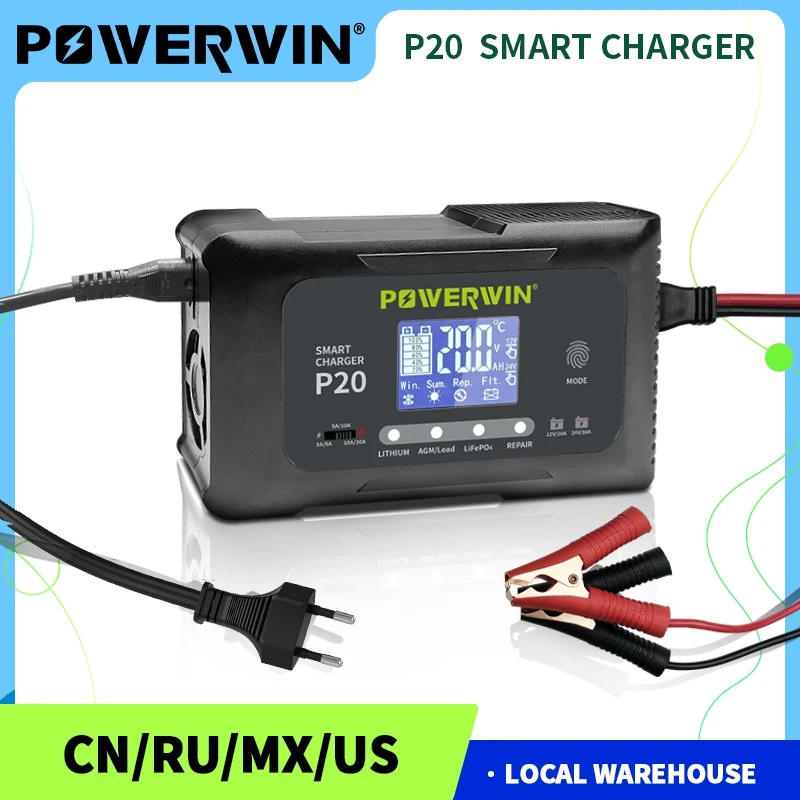 POWERWIN P20 Intelligent Charger for 12V 24V LiFePO4 Lithium Batteries 20A LCD Display Auto Maintenance System Car Battery