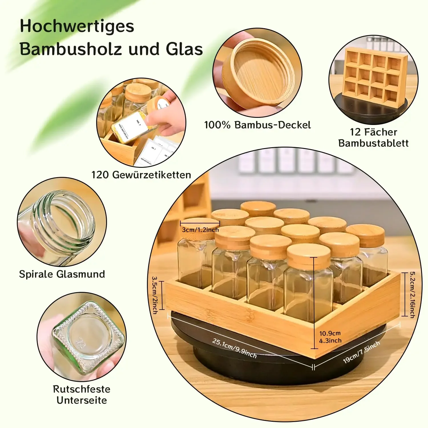 SIAZIH Bambus-Gewürzregal mit Glasbehältern, 12/24-teiliges Bambus-Gewürzregal-Set, für eine ordnungsgemäßere und organisiertere Küche. – Detail 6