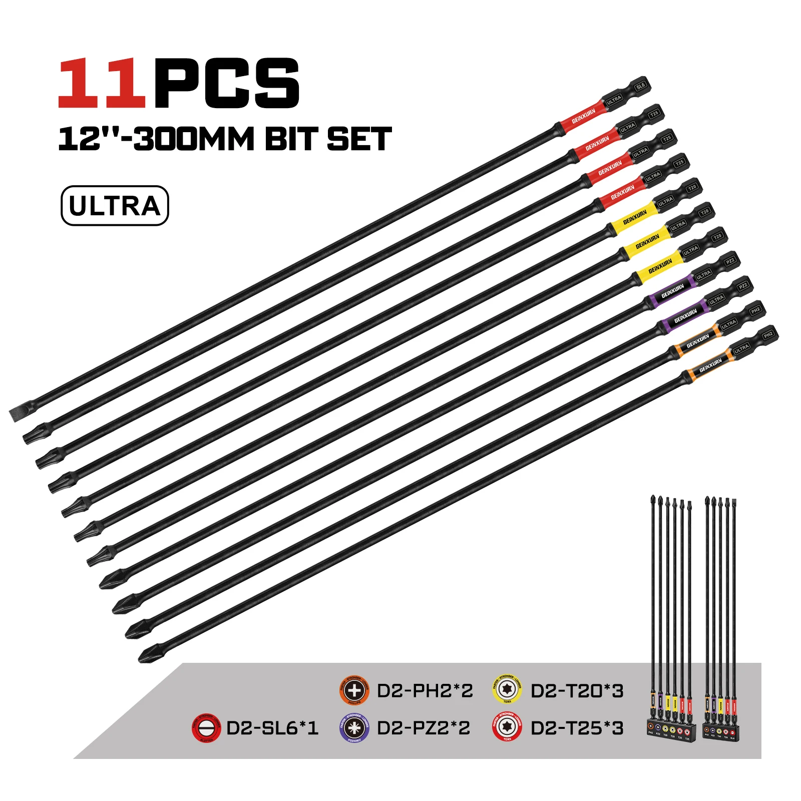 Geinxurn 11PCS S2 Alloy Steel 300mm Long Magnetic Screwdriver Bits Set D2-PH2,D2-PZ2,D2-T20,D2-T25,D2-SL6