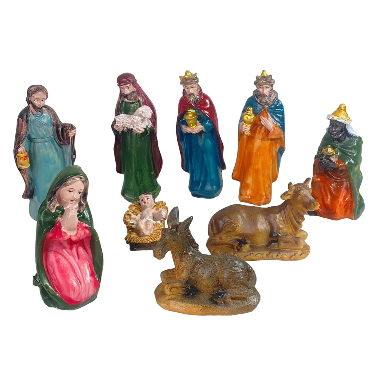 Nacimiento Belen 9 Piezas 12 CM Resina Para Decoración de Navidad, José, María, niño Jesús, Reyes magos, pastores, burro, Vaca