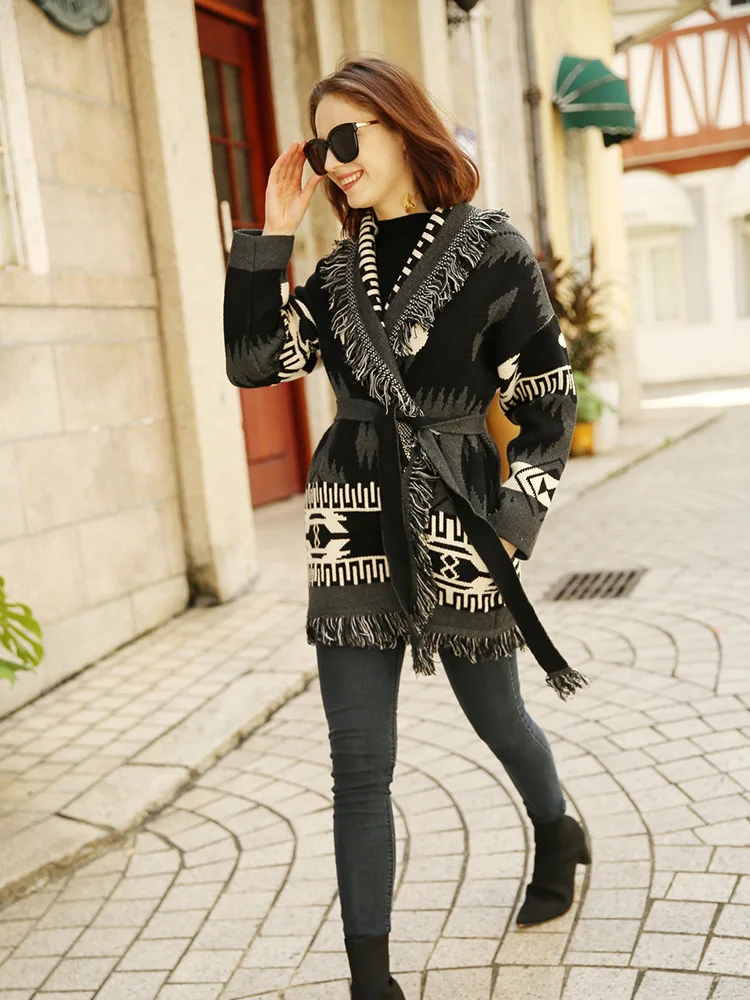 Luxury Designer Inspired Winter Women\'s Jacquard Cashmere Wool Cardigan Tassel Oversize Black Sweater Bohemian Female Coat